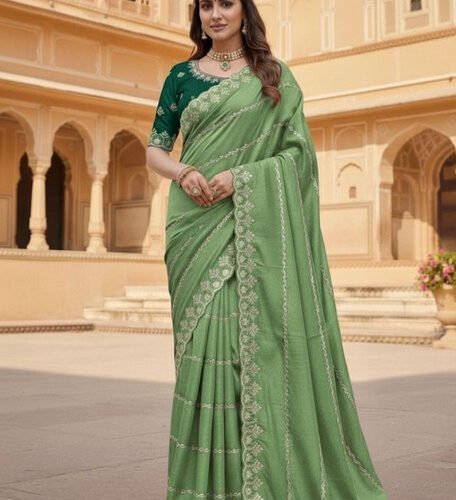 Women's Georgette Embroidered Saree With Unstitched Blouse 5.5Mtr (Pista Green)