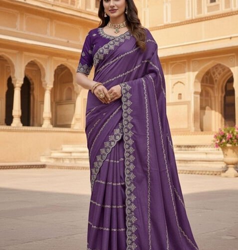 Women's Georgette Embroidered Saree With Unstitched Blouse 5.5Mtr (Purple)