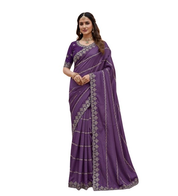 Women's Georgette Embroidered Saree With Unstitched Blouse 5.5Mtr (Purple) - Image 2