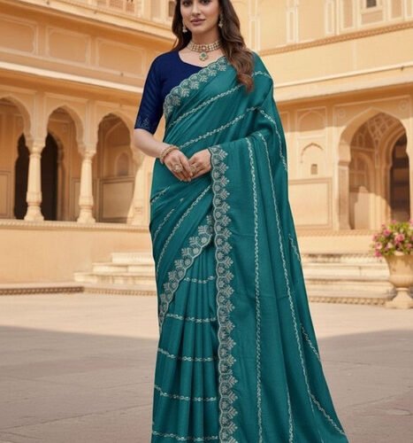 Women's Georgette Embroidered Saree With Unstitched Blouse 5.5Mtr (Teal)