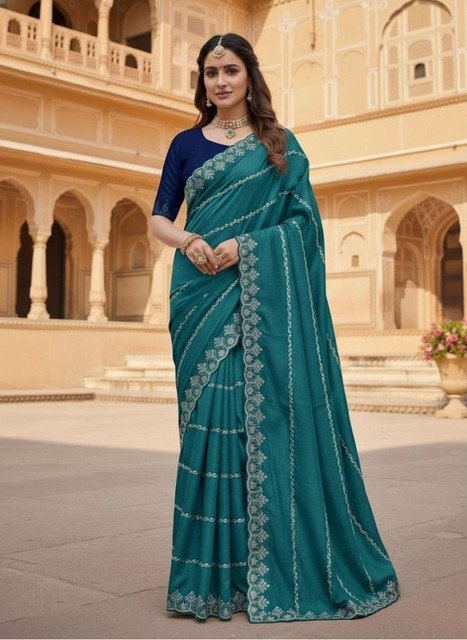 Women's Georgette Embroidered Saree With Unstitched Blouse 5.5Mtr (Teal)
