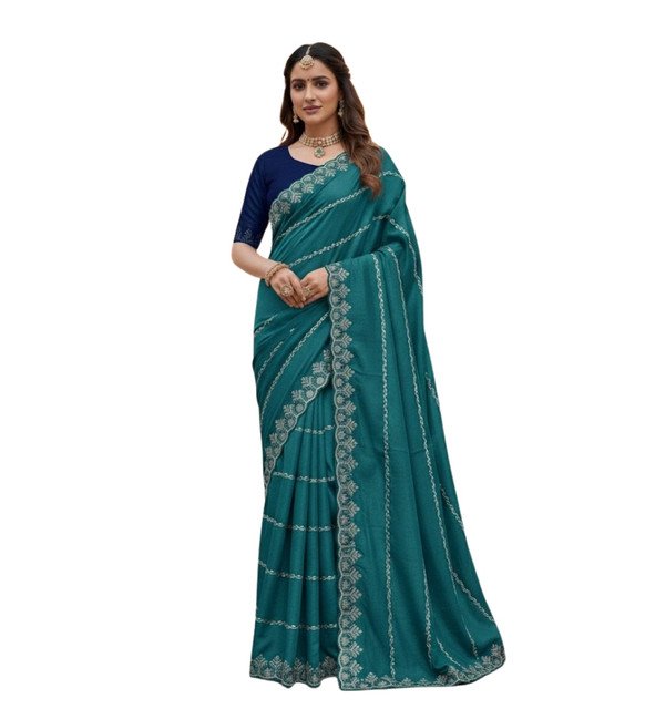 Women's Georgette Embroidered Saree With Unstitched Blouse 5.5Mtr (Teal) - Image 2
