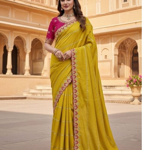 Women's Georgette Embroidered Saree With Unstitched Blouse 5.5Mtr (Yellow)