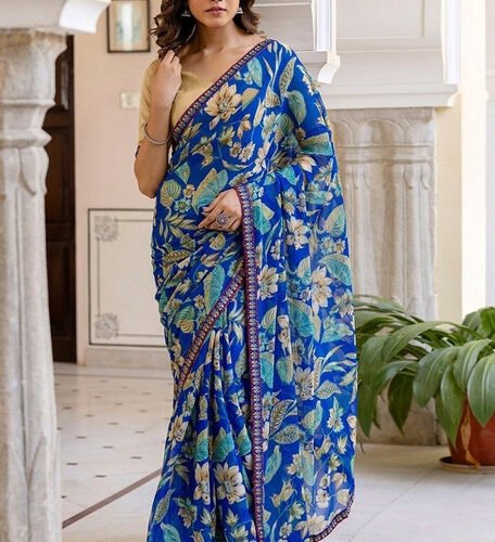 Women's Georgette Floral Printed Saree With Unstitched Blouse 5.5Mtr (Blue)