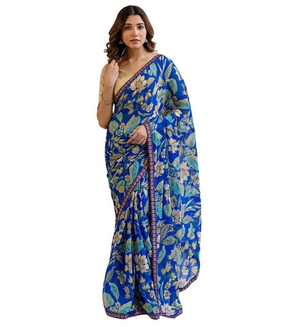 Women's Georgette Floral Printed Saree With Unstitched Blouse 5.5Mtr (Blue) - Image 2