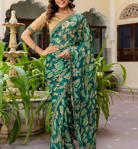 Women's Georgette Floral Printed Saree With Unstitched Blouse 5.5Mtr (Green)