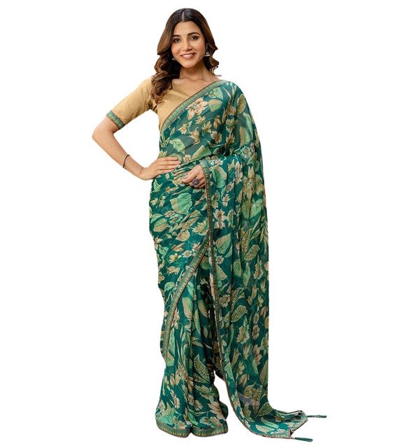 Women's Georgette Floral Printed Saree With Unstitched Blouse 5.5Mtr (Green) - Image 2