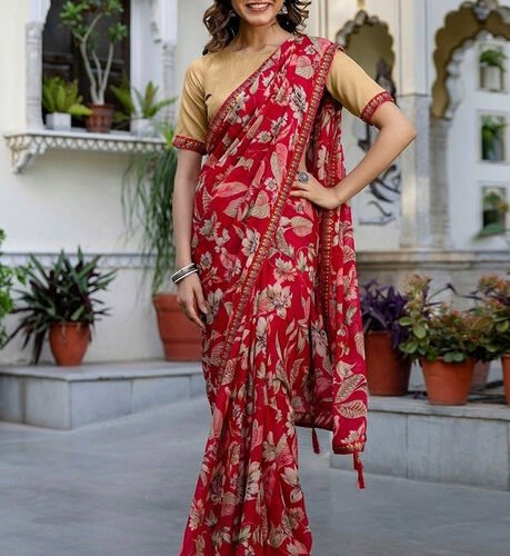 Women's Georgette Floral Printed Saree With Unstitched Blouse 5.5Mtr (Red)