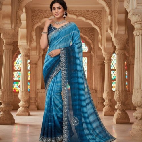 Women's Georgette Striped Saree With Unstitched Blouse 5.5Mtr (Blue)