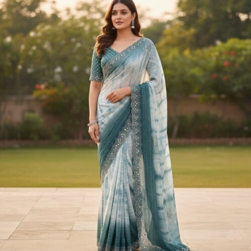 Women's Georgette Striped Saree With Unstitched Blouse 5.5Mtr (Ice blue)