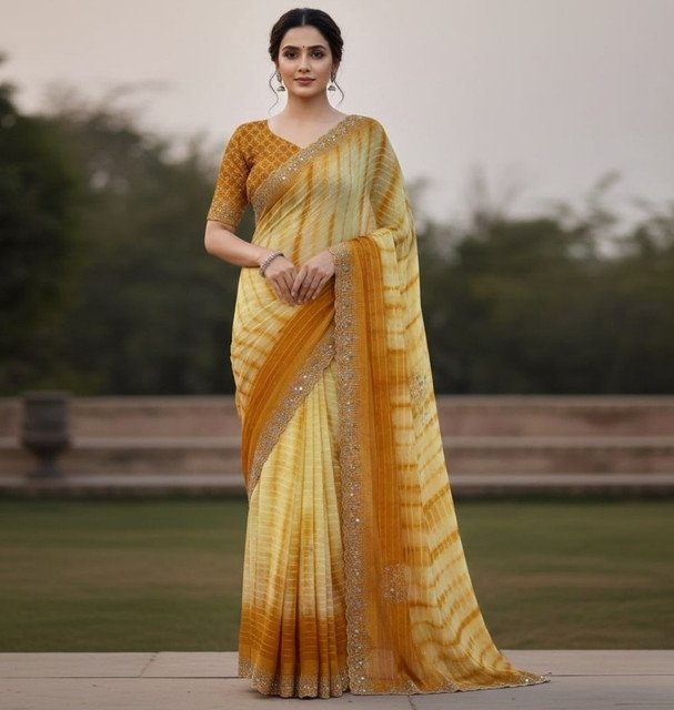 Women's Georgette Striped Saree With Unstitched Blouse 5.5Mtr (Yellow)