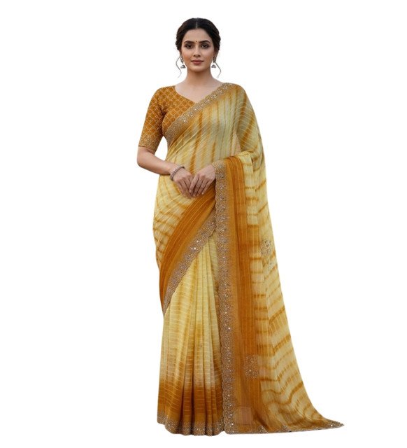 Women's Georgette Striped Saree With Unstitched Blouse 5.5Mtr (Yellow) - Image 2