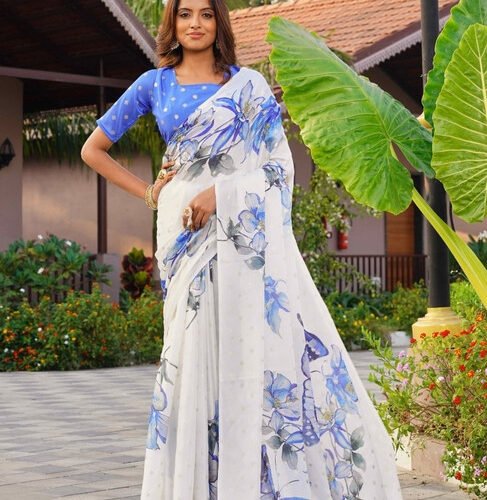 Women's Georgette Floral & Butterfly Printed Saree With Unstitched Blouse 5.5Mtr (Off White-Blue)