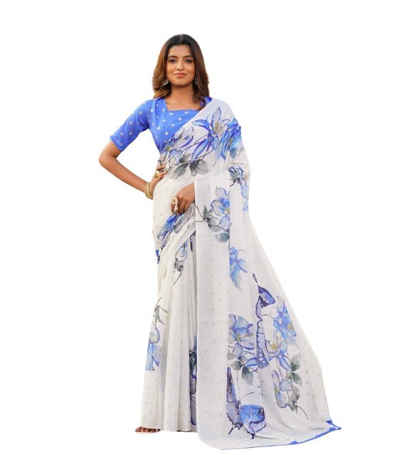 Women's Georgette Floral & Butterfly Printed Saree With Unstitched Blouse 5.5Mtr (Off White-Blue) - Image 2