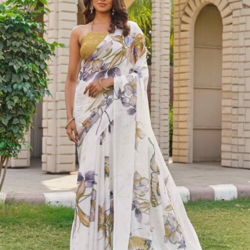 Women's Georgette Floral & Butterfly Printed Saree With Unstitched Blouse 5.5Mtr (Off White-Mustard)