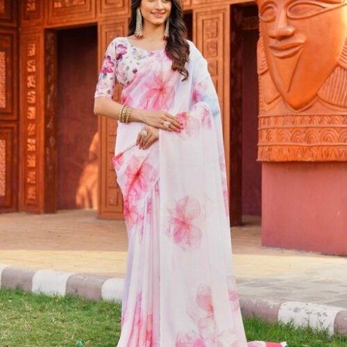 Women's Georgette Floral Printed Saree With Unstitched Blouse 5.5Mtr (Off White-Pink)
