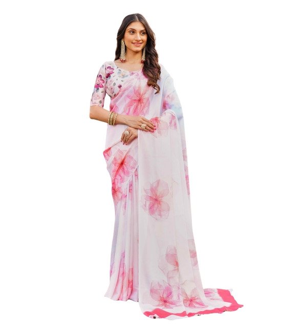 Women's Georgette Floral Printed Saree With Unstitched Blouse 5.5Mtr (Off White-Pink) - Image 2