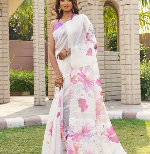 Women's Georgette Floral Printed Saree With Unstitched Blouse 5.5Mtr (White-Pink)