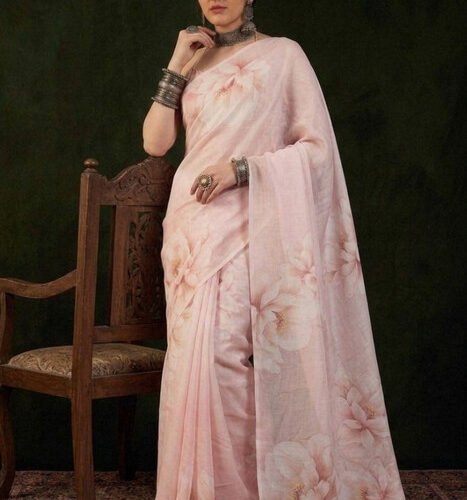 Women's Georgette Floral Printed Saree With Unstitched Blouse 5.5Mtr (Cream)