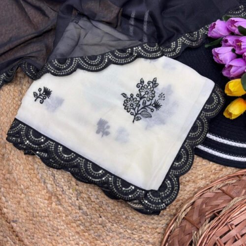 Women's Georgette Embroidered Saree With Unstitched Blouse 5.5Mtr (White-Black)