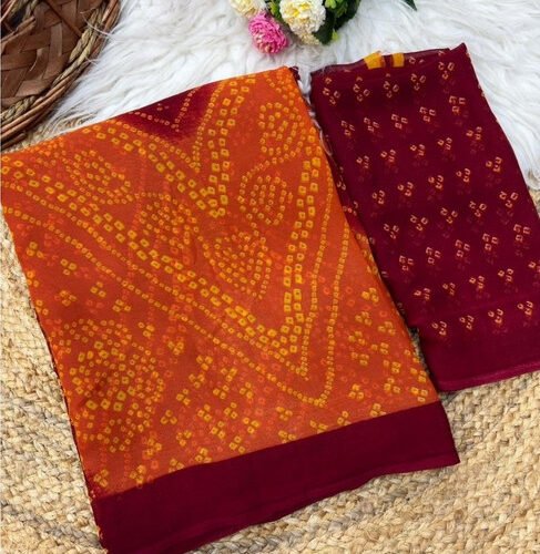 Women's Georgette Bandhani Printed Saree With Unstitched Blouse 5.5Mtr (Orange-Maroon)