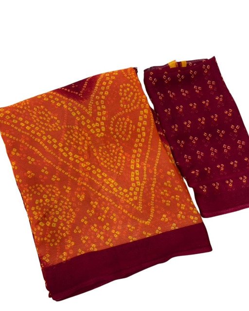 Women's Georgette Bandhani Printed Saree With Unstitched Blouse 5.5Mtr (Orange-Maroon) - Image 2
