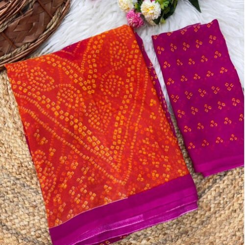 Women's Georgette Bandhani Printed Saree With Unstitched Blouse 5.5Mtr (Orange-Magenta)