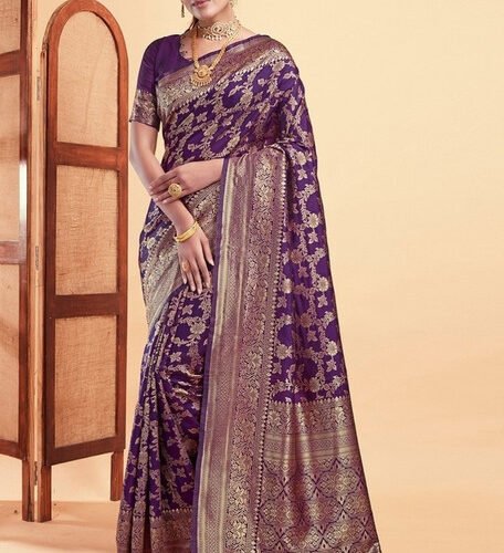Women's Jacquard Printed Saree With Unstitched Blouse 5.5Mtr (Purple)
