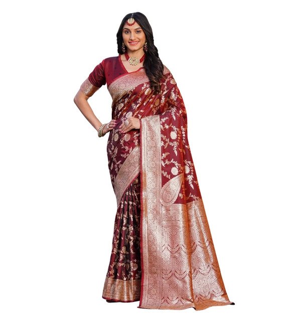 Women's Jacquard Printed Saree With Unstitched Blouse 5.5Mtr (Maroon) - Image 2