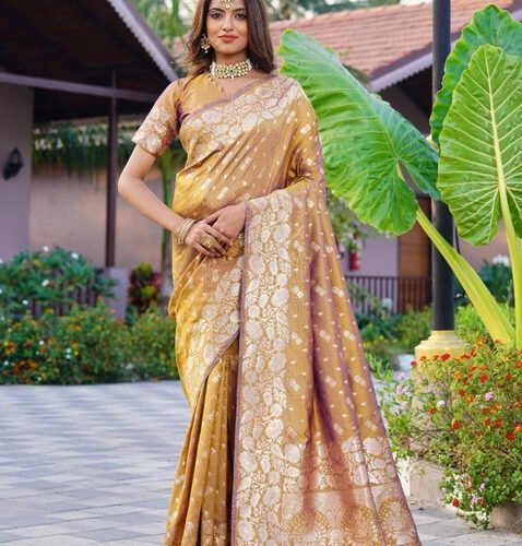 Women's Jacquard Printed Saree With Unstitched Blouse 5.5Mtr (Mustard)