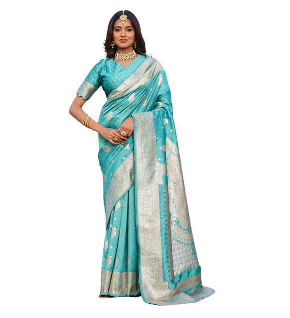 Women's Jacquard Printed Saree With Unstitched Blouse 5.5Mtr (Skyblue) - Image 2