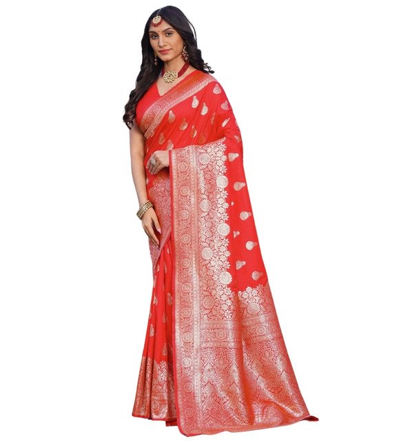 Women's Jacquard Printed Saree With Unstitched Blouse 5.5Mtr (Red) - Image 2