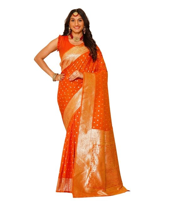 Women's Jacquard Printed Saree With Unstitched Blouse 5.5Mtr (Orange) - Image 2