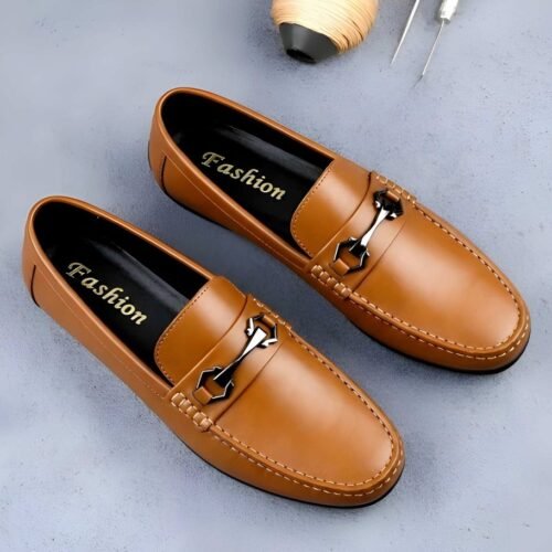 Men's Synthetic Leather Solid Slip-On Casual Loafers With Metal Bit (Tan)