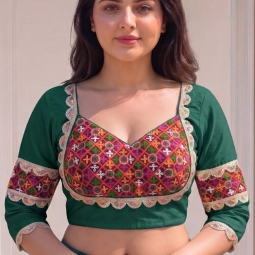 Women's Cotton Blend Embroidered 3/4 Sleeve V-Neck Padded Readymade Blouse (Green, Size 38 - Self-Alterable 36�40)