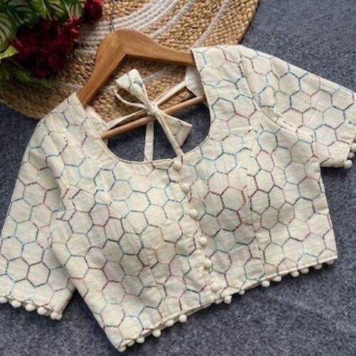 Women's Cotton Printed Half sleeve Round Neck Padded Readymade Blouse (Cream, Size 38 - Self-Alterable 36�40)