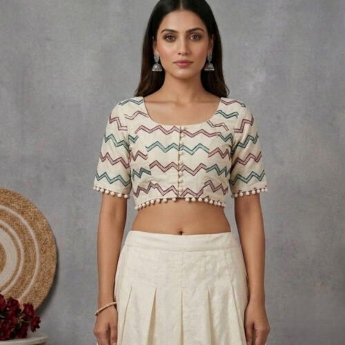 Women's Cotton Printed Half sleeve Round Neck Padded Readymade Blouse (Cream, Size 38 - Self-Alterable 36�40)