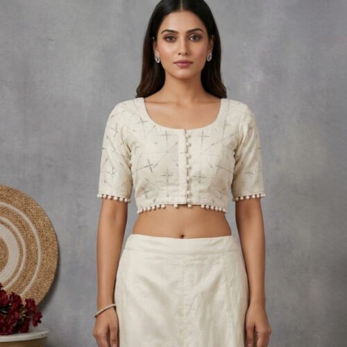 Women's Cotton Printed Half sleeve Round Neck Padded Readymade Blouse (Cream, Size 38 - Self-Alterable 36�40)