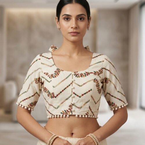 Women's Cotton Printed Half sleeve Round Neck Padded Readymade Blouse (Cream, Size 38 - Self-Alterable 36�40)