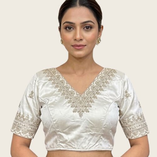 Women's Satin Embroidered Half sleeve V-Neck Padded Readymade Blouse (White, Size 38 - Self-Alterable 36�40)