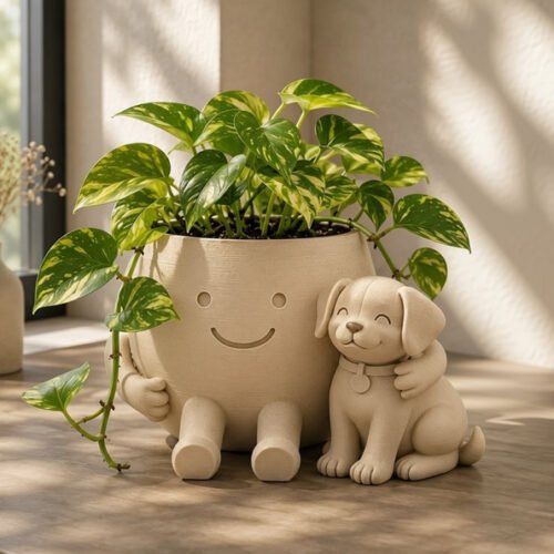 Plastic Cute Little Flower Pot With its Dog (Only Planter) (Beige)