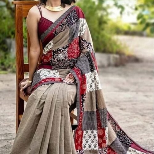 Women's Linen Cotton Printed Saree With Unstitched Blouse - 5.5 Mtr (Multicolor)