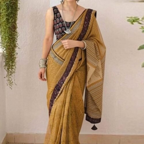 Women's Linen Cotton Printed Saree With Unstitched Blouse - 5.5 Mtr (Mustard Yellow)