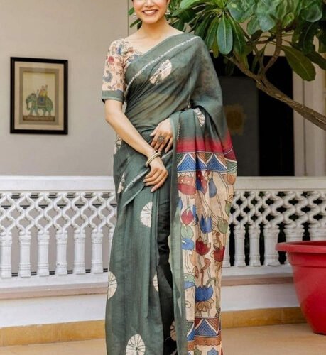 Women's Linen Cotton Printed Saree With Unstitched Blouse - 5.5 Mtr (Green)