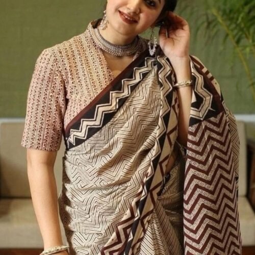 Women's Linen Cotton Printed Saree With Unstitched Blouse - 5.5 Mtr (Cream-Maroon)