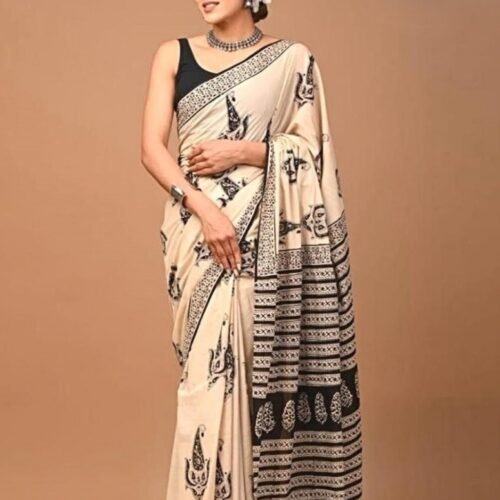 Women's Linen Cotton Printed Saree With Unstitched Blouse - 5.5 Mtr (Cream-Black)