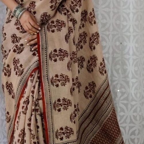 Women's Linen Cotton Printed Saree With Unstitched Blouse - 5.5 Mtr (Cream-Maroon)