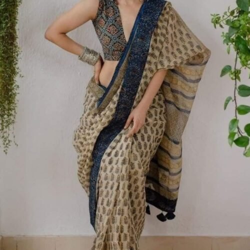 Women's Linen Cotton Printed Saree With Unstitched Blouse - 5.5 Mtr (Cream-Blue)
