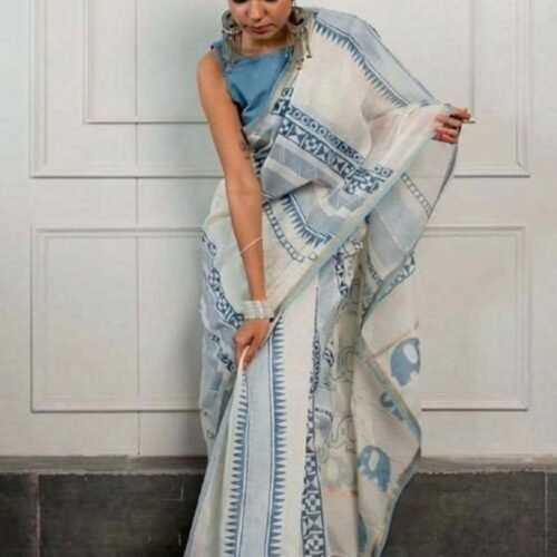 Women's Linen Cotton Printed Saree With Unstitched Blouse - 5.5 Mtr (White-Blue)