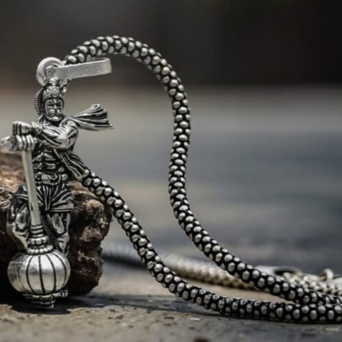 Men's Brass Silver Plated Lord Hanuman Gada Necklace (Silver)-PID68283